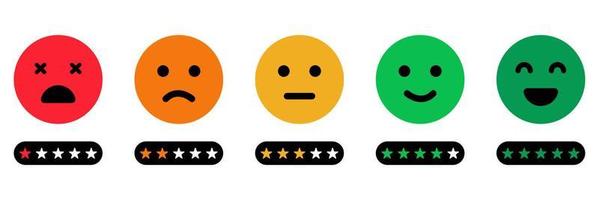 scala di feedback emoji con icona a forma di stelle. indagine di livello di soddisfazione del cliente. l'umore dei clienti dal buon viso felice al concetto arrabbiato e triste. feedback di emoticon. illustrazione vettoriale isolata.