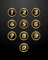 set di numeri di lusso colore dorato in illustrazione vettoriale del pulsante a forma di cerchio lucido