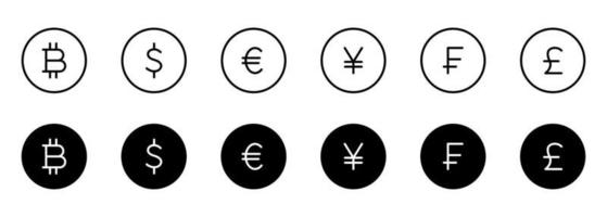 linea di valuta mondiale e set di icone silhouette. pittogramma euro, dollaro usd, bitcoin, yen, franco, sterlina. simboli di denaro e segno di criptovaluta. illustrazione vettoriale isolata.