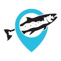 pesce salmone con mappa pin posizione logo design vettore icona simbolo illustrazione
