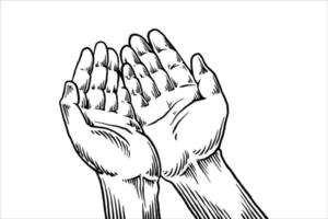 schizzo disegnato a mano della mano che prega per il tema della religione vettore