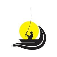 silhouette giovane con disegno del logo di pesca in barca, vettore grafico simbolo icona illustrazione idea creativa