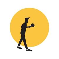 silhouette giovane uomo allenamento basket con logo tramonto design, vettore grafico simbolo icona illustrazione idea creativa
