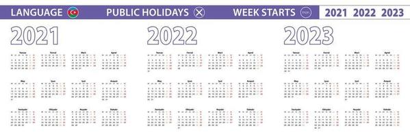 semplice modello di calendario in azerbaigiano per il 2021, 2022, 2023 anni. la settimana inizia da lunedì. vettore