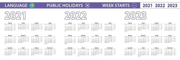 semplice modello di calendario in kazako per gli anni 2021, 2022, 2023. la settimana inizia da lunedì. vettore