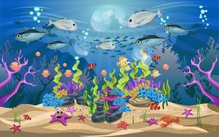 vita e splendidi ecosistemi nell'oceano. la bellezza della vita sottomarina con diversi animali e habitat. la vita marina è splendente e colorata. vettore