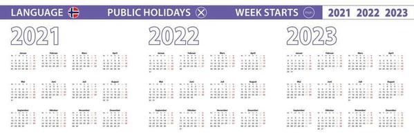 semplice modello di calendario in norvegese per gli anni 2021, 2022, 2023. la settimana inizia da lunedì. vettore
