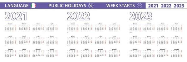 semplice modello di calendario in italiano per gli anni 2021, 2022, 2023. la settimana inizia da lunedì. vettore