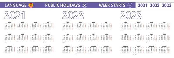 semplice modello di calendario in spagnolo per gli anni 2021, 2022, 2023. la settimana inizia da lunedì. vettore