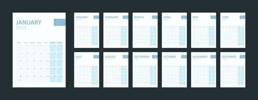 calendario verticale 2022, set di 12 pagine di calendario 2022. vettore