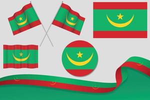 set di bandiere della mauritania in diversi modelli, icona, bandiere sventolanti con nastro con sfondo. vettore libero