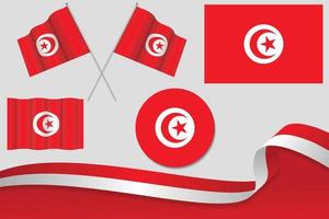 set di bandiere della Tunisia in diversi modelli, icona, bandiere sventolanti con nastro con sfondo. vettore libero