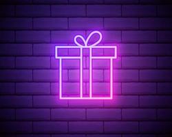 confezione regalo al neon, decorazione di natale e capodanno. set festivo colorato di regalo al neon con fiocco, stile contorno. icona, segno e simbolo incandescente per il design delle vacanze. kit di illustrazione vettoriale. muro di mattoni vettore