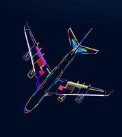 aereo astratto, vista dall'alto dell'aereo passeggeri, aereo commerciale da vernici multicolori. disegno colorato. illustrazione vettoriale di vernici