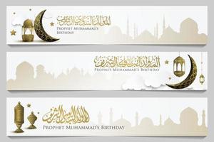 tre set mawlid al-nabi saluto illustrazione islamica sfondo disegno vettoriale con calligrafia araba e moschea per carta, banner, carta da parati, copertina. la media è il compleanno del profeta Maometto