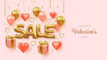 banner di vendita di san valentino. parola di vendita 3d dorata con palloncini volare elio tondo e forma di cuori, scatole regalo rosa con fiocco dorato. cuori metallici dorati e coriandoli glitterati. illustrazione vettoriale. vettore