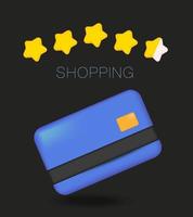shopping online progettazione 3d applicazioni mobili carta di credito e recensione per banner web e poster. illustrazione vettoriale realistica