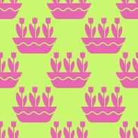 tulipani in un modello senza cuciture piatto orizzontale. fiori rosa su sfondo verde. il simbolo di un giardino o di una fattoria. sfondo di primavera vettoriale. vettore