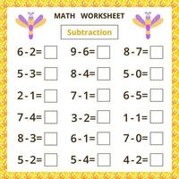 foglio di lavoro di matematica.sottrazione.gioco educativo per bambini. vettore