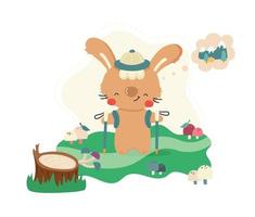 simpatico cartone animato coniglio viaggiatore escursioni nei boschi. personaggio animale divertente per il design dei bambini. illustrazione vettoriale piatta.