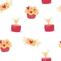 muffin senza cuciture. sfondo romantico con torte, candele e buste. perfetto per San Valentino, stampa, cartoline, carta da parati. illustrazione del fumetto di vettore