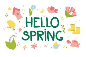 lettering ciao primavera - illustrazione con elementi di stagione. modello di progettazione. stagione primaverile. per biglietto di auguri, modello di invito. vettore