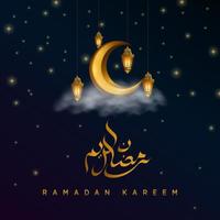 saluti ramadan kareem con luna crescente e nuvole su sfondo verde per poster, volantini, copertina o banner. elementi di illustrazione vettoriale islamica per le vacanze musulmane