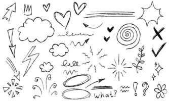 doodle frecce fiori stelle nuvole cuori ramo domanda testo corona. schizzo set carino collezione di linee isolate per ufficio. vettore