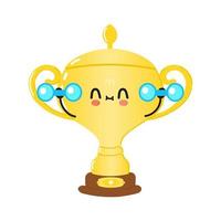 simpatico personaggio della coppa del trofeo dorato divertente con manubri. icona dell'illustrazione del carattere kawaii del fumetto disegnato a mano di vettore. isolato su sfondo bianco. concetto di palestra del personaggio della coppa del trofeo d'oro vettore