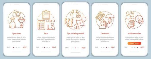 depressione che supera la schermata della pagina dell'app mobile di onboarding con concetti lineari. sintomi, test, procedure dettagliate per il trattamento istruzioni grafiche. ux, ui, modello vettoriale gui con illustrazioni