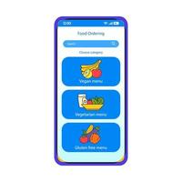 modello vettoriale dell'interfaccia dello smartphone dell'app online per l'ordinazione di cibo. layout di design blu della pagina mobile. schermata del menu vegano, vegetariano, senza glutine. interfaccia utente piatta per l'applicazione. servizio di consegna cibo. display del telefono