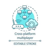 icona del concetto multiplayer multipiattaforma. sincronizzazione Internet, illustrazione di linea sottile idea di gioco cloud. connessione wireless, tecnologia online. disegno di contorno isolato vettoriale. tratto modificabile vettore