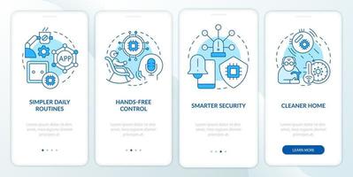 tecnologia intelligente per lo schermo dell'app mobile di bordo blu per anziani. guida alle faccende domestiche pagine di istruzioni grafiche in 4 passaggi con concetti lineari. ui, ux, modello gui. sono stati utilizzati una miriade di caratteri normali in grassetto vettore