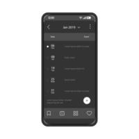 promemoria modello vettoriale dell'interfaccia dell'app per smartphone. layout di design nero della pagina dell'applicazione del blocco note mobile. schermata del pianificatore dell'agenda digitale. organizzatore personale. interfaccia utente piatta. display del telefono