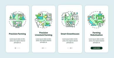 schermata dell'app mobile di onboarding per l'agricoltura intelligente. guida dettagliata per l'agricoltura di precisione 4 passaggi pagine di istruzioni grafiche con concetti lineari. ui, ux, modello gui. sono stati utilizzati una miriade di caratteri normali in grassetto vettore