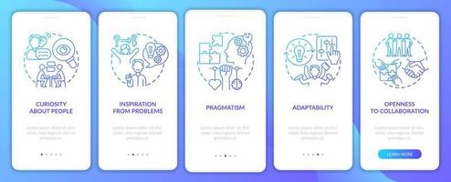 l'imprenditoria sociale presenta la schermata della pagina dell'app mobile di onboarding con gradiente blu. procedura dettagliata 5 passaggi istruzioni grafiche con concetti. modello vettoriale ui, ux, gui con illustrazioni a colori lineari