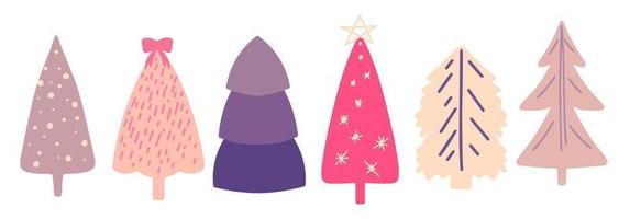 collezione di alberi di natale e abeti, design piatto moderno. una serie di insoliti alberi di Natale colorati. rosa, lilla, beige. per prodotti stampati - volantini, poster, biglietti da visita o per il web. vettore