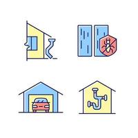 set di icone a colori RGB per costruzioni residenziali. sistema di drenaggio del tetto. protezione dalle termiti. parcheggio. rete di tubazioni. illustrazioni vettoriali isolate. semplice raccolta di disegni al tratto riempiti