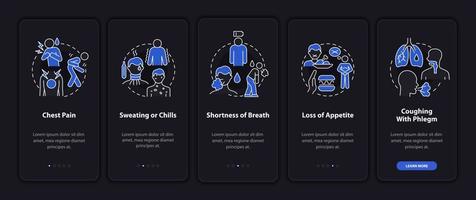 diagnosi di polmonite onboarding schermata della pagina dell'app mobile. procedura dettagliata del dolore toracico 5 passaggi istruzioni grafiche con concetti. modello vettoriale ui, ux, gui con illustrazioni in modalità notturna lineare
