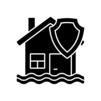icona del glifo nero dell'assicurazione contro le inondazioni. proteggere la casa e la proprietà dal disastro. supporto assicurativo in caso di incidente causato da agenti atmosferici. simbolo della siluetta su spazio bianco. illustrazione vettoriale isolato