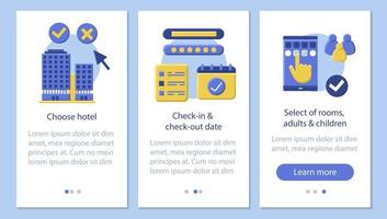 modello vettoriale dello schermo della pagina dell'app mobile per l'onboarding della prenotazione dell'hotel. scegliendo alloggio, appartamento. ostello, motel. istruzioni per il sito Web design piatto. ux, ui, gui concetto di cartone animato interfaccia smartphone
