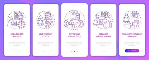 schermata dell'app mobile per l'onboarding del gradiente viola del budget di avvio. procedura dettagliata 5 passaggi pagine di istruzioni grafiche con concetti lineari. ui, ux, modello gui. sono stati utilizzati una miriade di caratteri normali in grassetto vettore