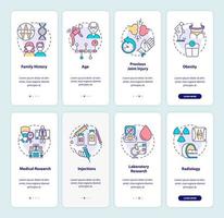 set di schermate della pagina dell'app mobile per l'onboarding dell'artrite. Guida ai fattori di rischio e alla prevenzione Istruzioni grafiche in 4 passaggi con concetti. modello vettoriale ui, ux, gui con illustrazioni a colori lineari