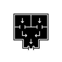 significa lasciare l'edificio icona del glifo nero. pianificazione della fuga da un condominio. via di evacuazione. situazione di emergenza. esci di casa in sicurezza. simbolo della siluetta su spazio bianco. illustrazione vettoriale isolato