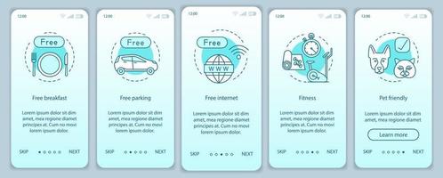 servizi in camera onboarding modello vettoriale dello schermo della pagina dell'app mobile. procedura dettagliata del sito Web di strutture e servizi dell'hotel. scegliendo appartamento. tutto incluso. ux, ui, gui concetto di interfaccia per smartphone