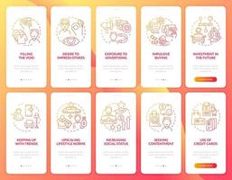 set di schermate della pagina dell'app mobile per l'onboarding del gradiente rosso del consumismo. acquisto eccessivo procedura dettagliata 5 passaggi istruzioni grafiche con concetti. modello vettoriale ui, ux, gui con illustrazioni a colori lineari