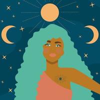 belle donne per il concetto di astrologia. ragazza con i capelli blu sullo sfondo del cielo stellato con simboli astrologici. illustrazione piatta vettore