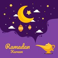 illustrazione di ramadan kareem con luna crescente e concetto di lanterna. stile cartone animato design piatto vettore