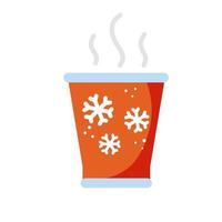 bevanda calda. vetro rosso invernale. vapore sopra la tazza con motivo natalizio e fiocchi di neve. illustrazione piatta vettore
