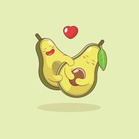 simpatici personaggi dei cartoni animati di avocado coppia abbraccio e amore con cuore isolato su sfondo verde. vettore